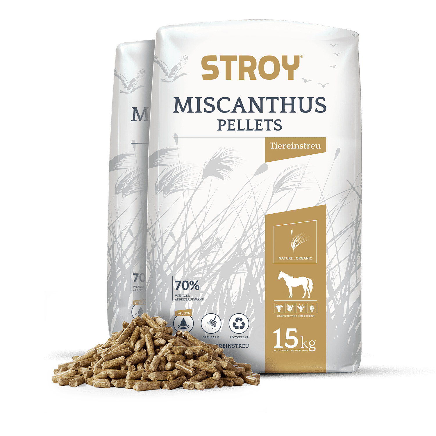 XHE15 Miscanthus Pellets 2er Verpackung Haufen links