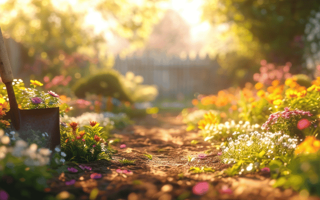 Ein sonniger Gartenweg mit gepflegten Blumenbeeten. Die Pflanzen wachsen in hochwertiger Pflanzerde für Beete, die die Bodenstruktur verbessern und das Wachstum unterstützt.