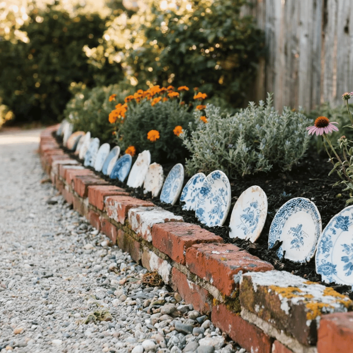 Kreative Beetumrandung aus uprecycelten Ziegelsteinen und eingearbeiteten Porzellantellern, bepflanzt mit Lavendel und orangefarbenen Blumen, neben einem Kiesweg.