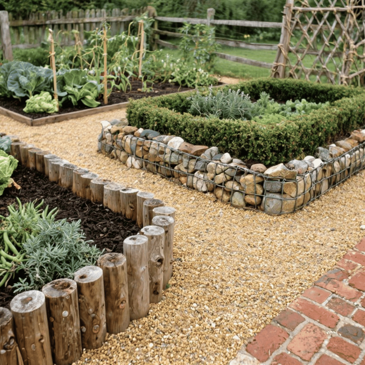 Gemüse- und Kräuterbeete mit dekorativer Beetumrandung aus Natursteinen und Holzpalisaden, angelegt entlang eines Kieswegs.