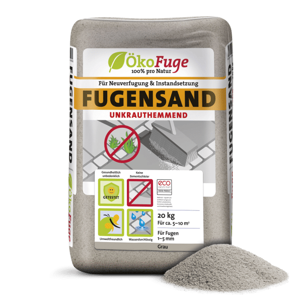 FSG20 Fugensand Grau Verpackung + Sandhaufen